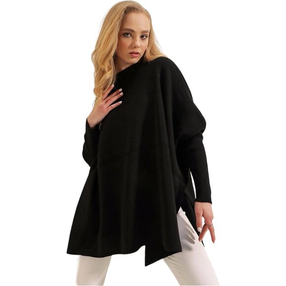 Women's Oversized Knit Poncho Sweater Acrylic Cotton Black S-M-L